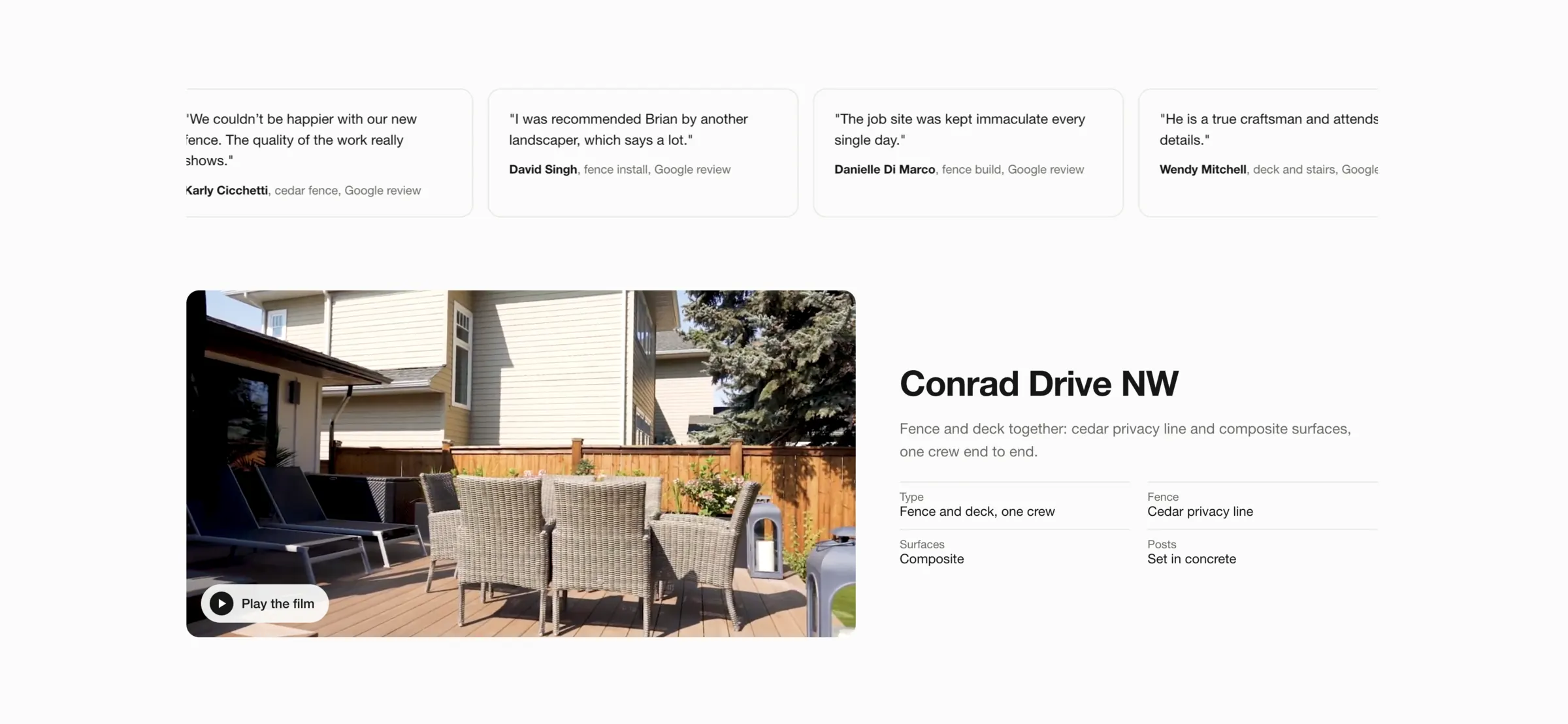 Google reviews running above a project film card for Conrad Drive NW.