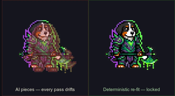 Left: AI-generated pieces drift out of alignment. Right: a deterministic re-fit locks the sprite in place.
