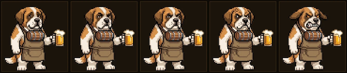 Barrel the Saint Bernard bartender growing angrier across five frames