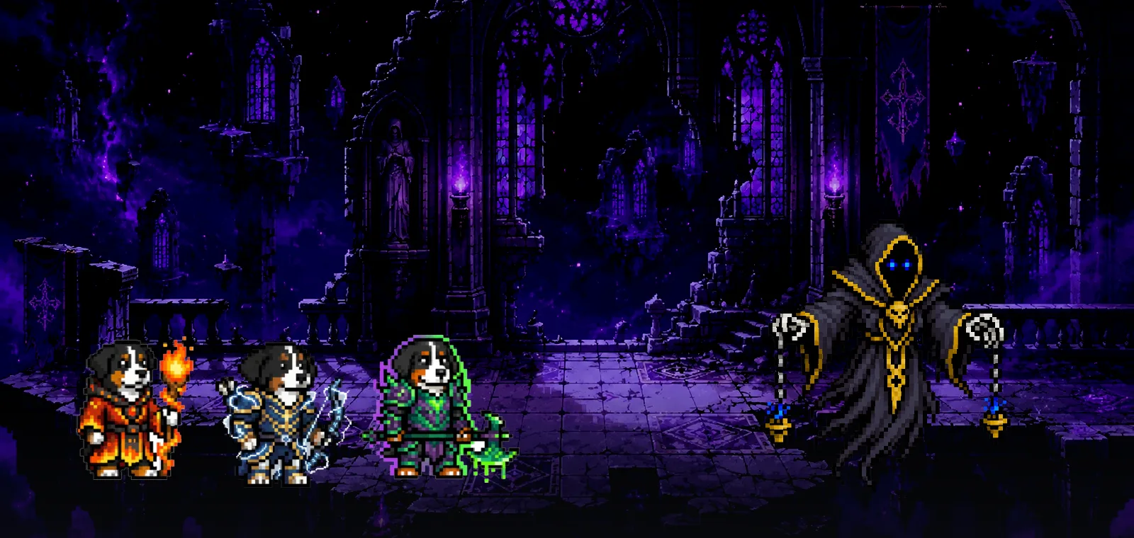 Three build-themed heroes facing a wraith in the wraith-forge