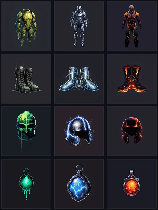 Twelve build-gear icons — armour, boots, helmet, and amulet in poison, stun, and burn