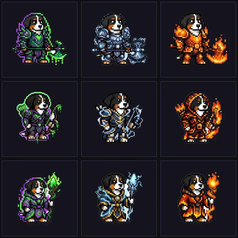 Nine build looks — three classes across poison, stun, and burn armour