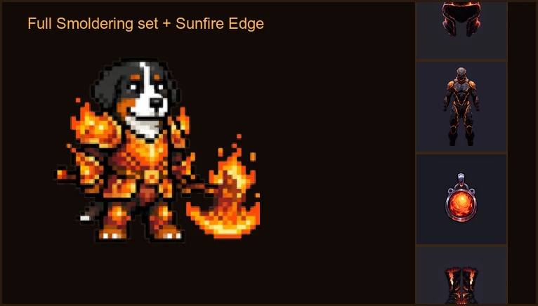 A knight in a complete Smoldering burn set with matching gear