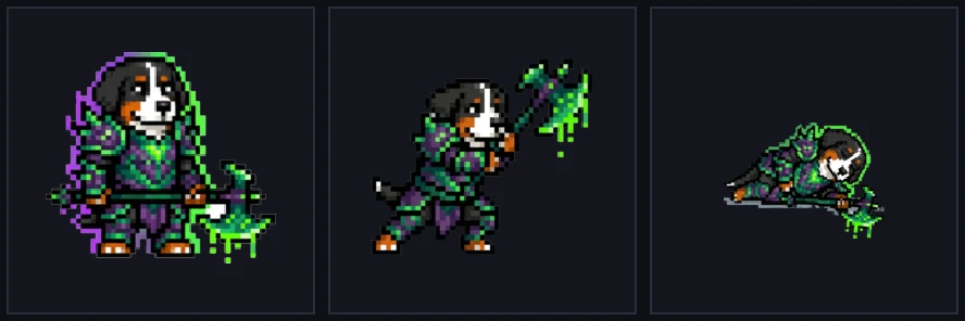 A poison knight in standing, attacking, and falling poses — themed armour in every frame