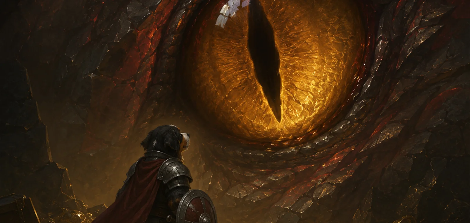 A knight standing before the enormous golden eye of the Hollow Dragon